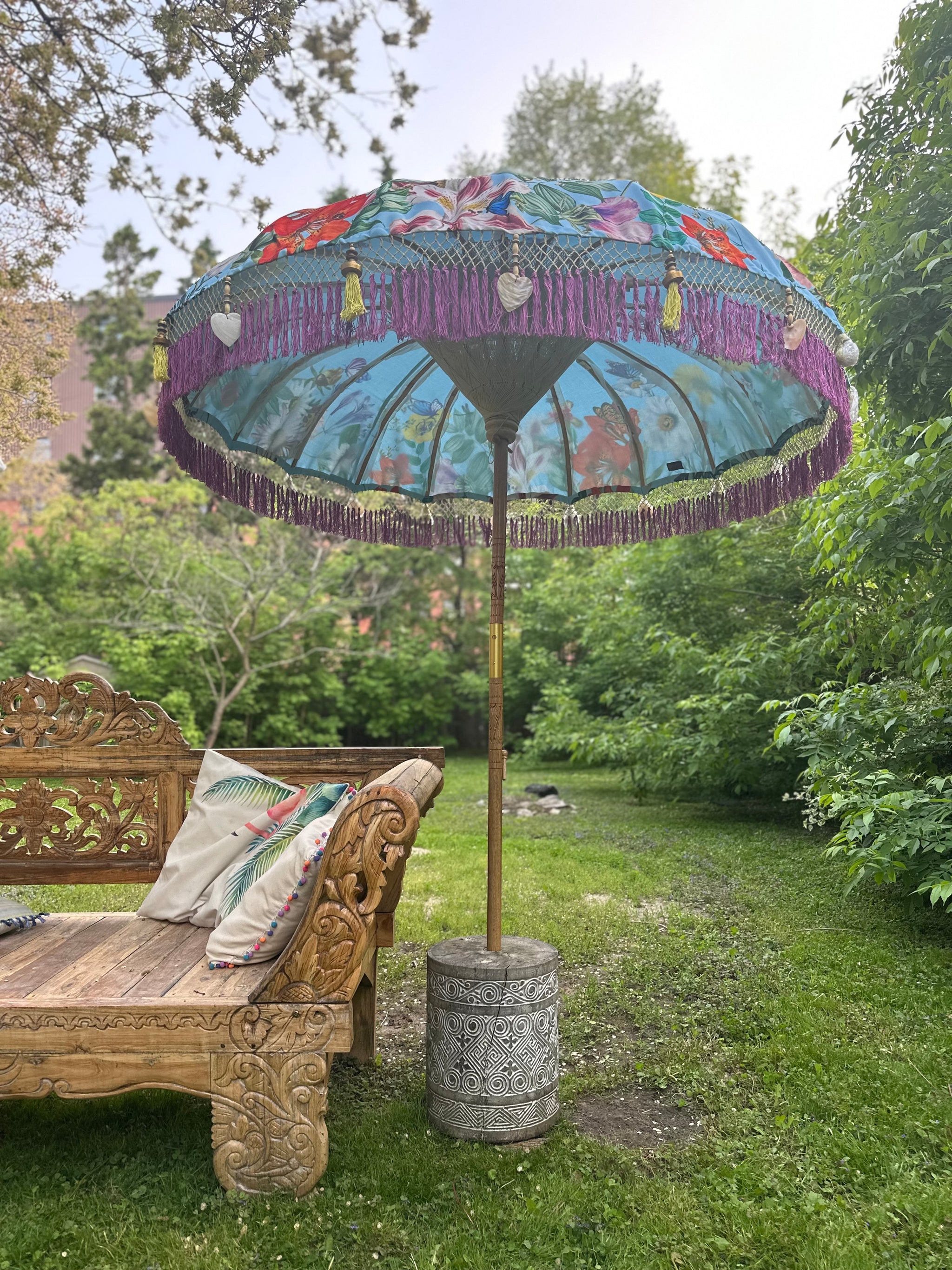 balichun patio umbrella Butterfly Parasol – Handmade Balinese Umbrella with Floral Design –  Baliaric Balinese Garden Parasol