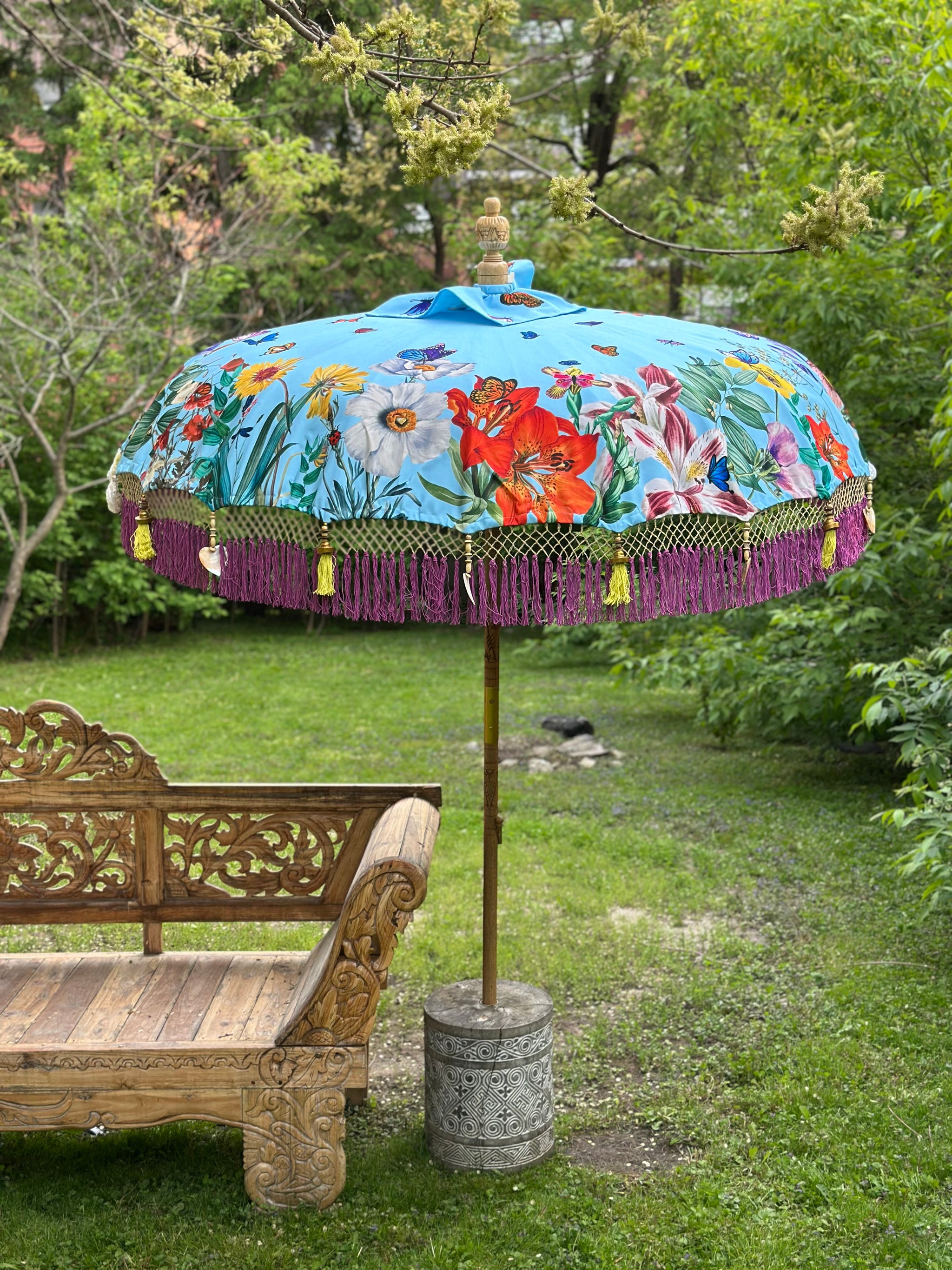 green floral patio umbrella Butterfly Parasol – Handmade Balinese Umbrella with Floral Design – Baliaric Balinese Garden Parasol