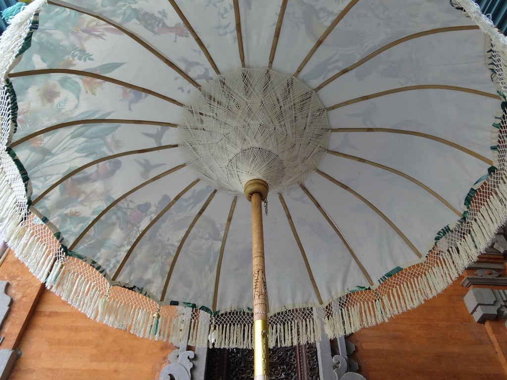 Underside view of the Birdie Parasol showcasing white taffeta lining and bamboo spokes for sturdy support.
