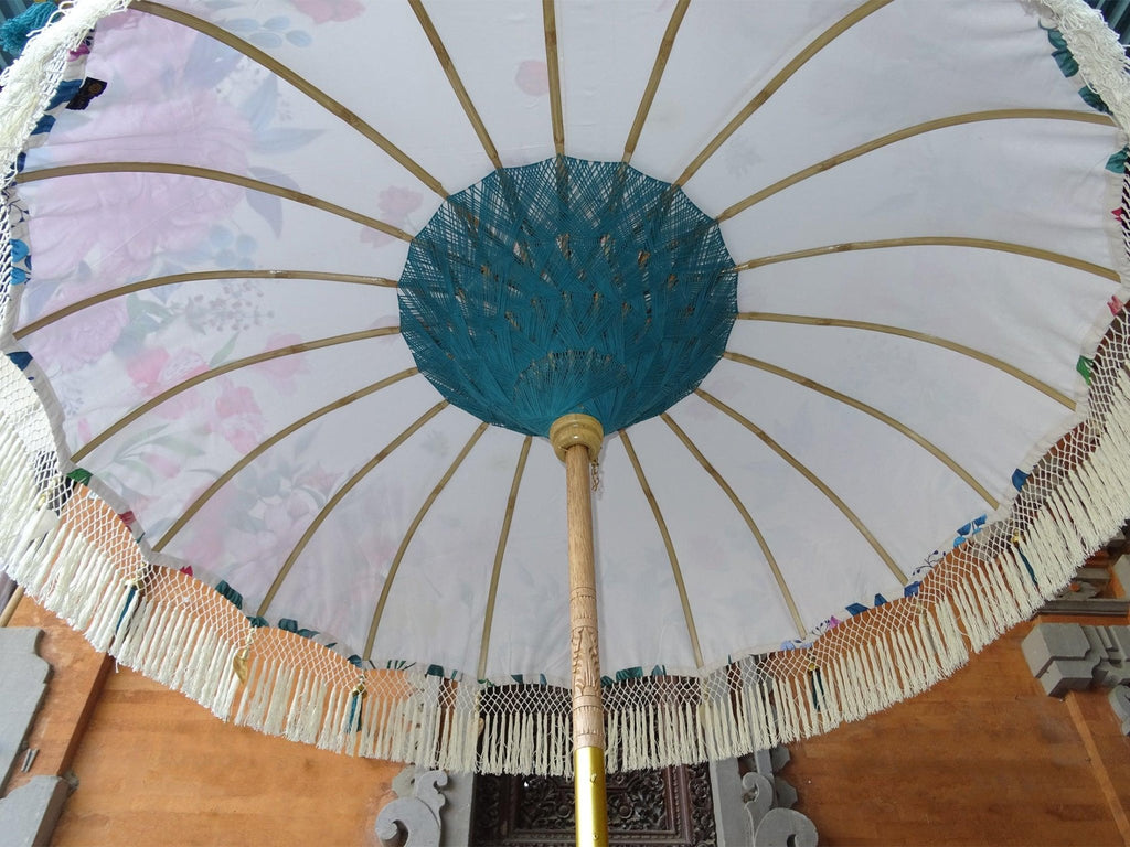Underside view of Daisy Parasol highlighting the soft white taffeta lining and sturdy bamboo spokes.