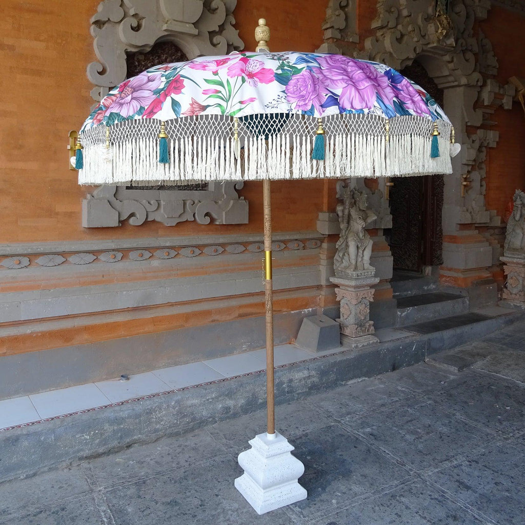 Artistic shot of the Daisy Parasol canopy emphasizing the vivid floral design against the crisp white background.