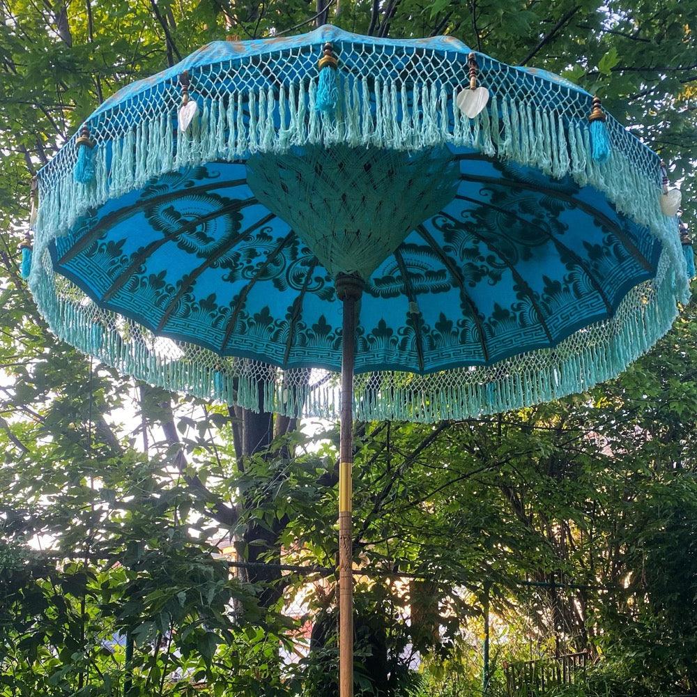 Interior view of the Big Jack Parasol showcasing white threading, bamboo structure, and turquoise fabric with gold patterns.