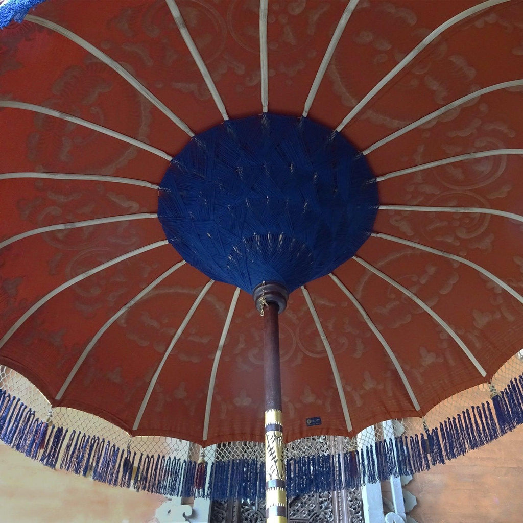 Luxury Garden Umbrella with Blue Fringe and Bamboo Pole