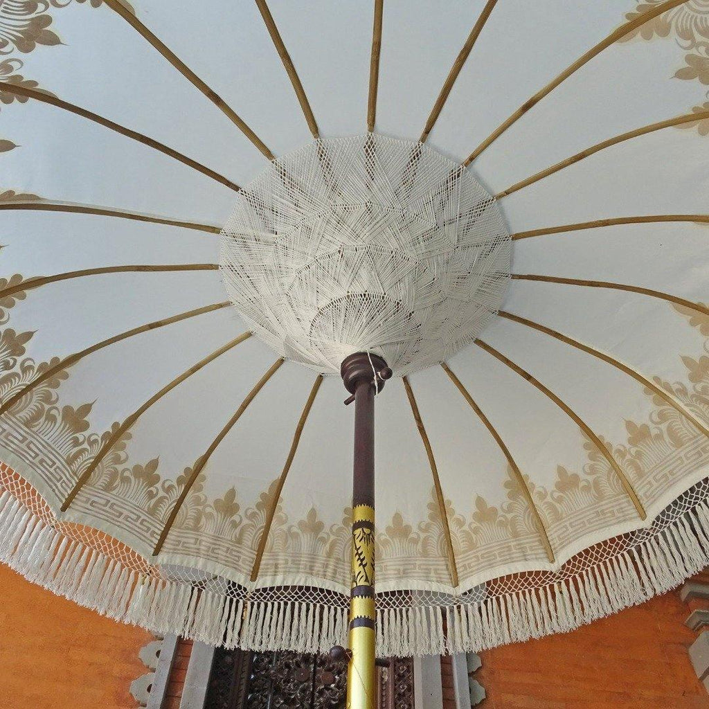 Gold Parasol - Baliaric Balinese Garden Parasol Decorative accents, Elegant home decor, garden and home, garden decor, garden decoration, garden idea, Gold, Half Painted, Home decorating ideas, home with garden, Magnificent craftsmanship, outdoor umbrella, parasols, parasols umbrellas, patio umbrellas, White