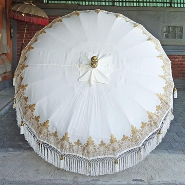Gold Parasol - Baliaric Balinese Garden Parasol Decorative accents, Elegant home decor, garden and home, garden decor, garden decoration, garden idea, Gold, Half Painted, Home decorating ideas, home with garden, Magnificent craftsmanship, outdoor umbrella, parasols, parasols umbrellas, patio umbrellas, White